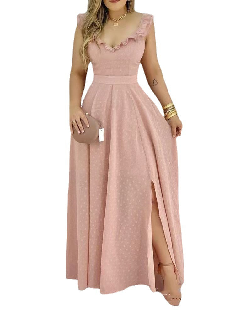 Long Dress With V-neck Swing Solid Color