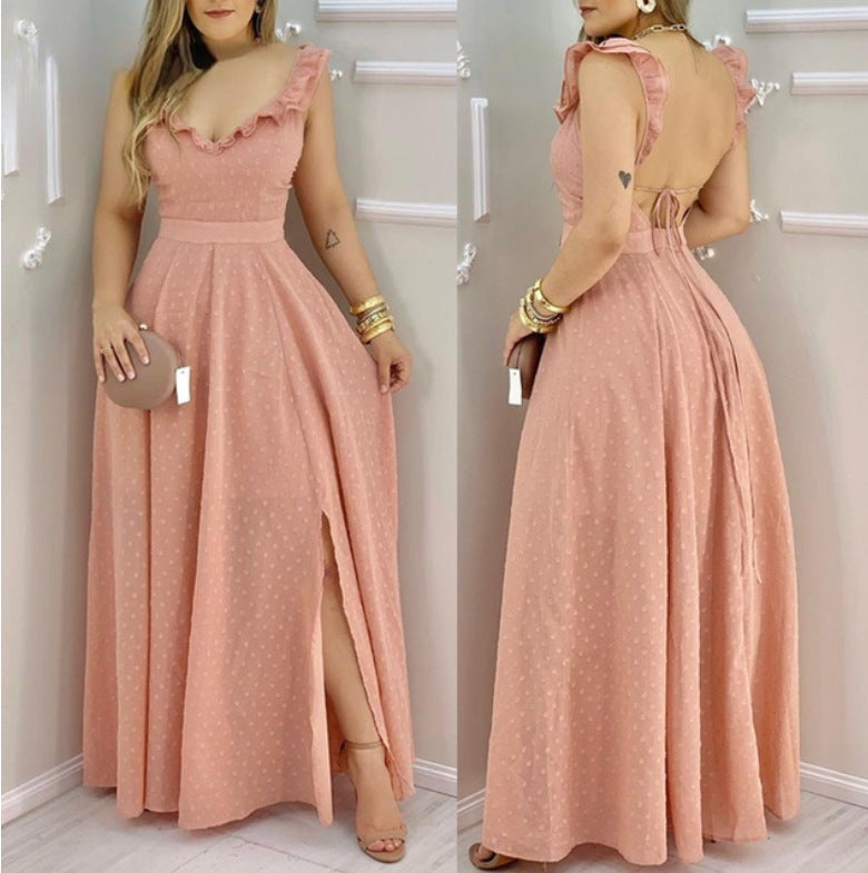 Long Dress With V-neck Swing Solid Color